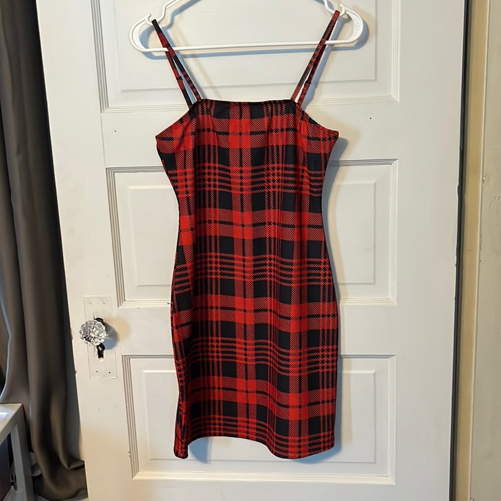red and black plaid dress